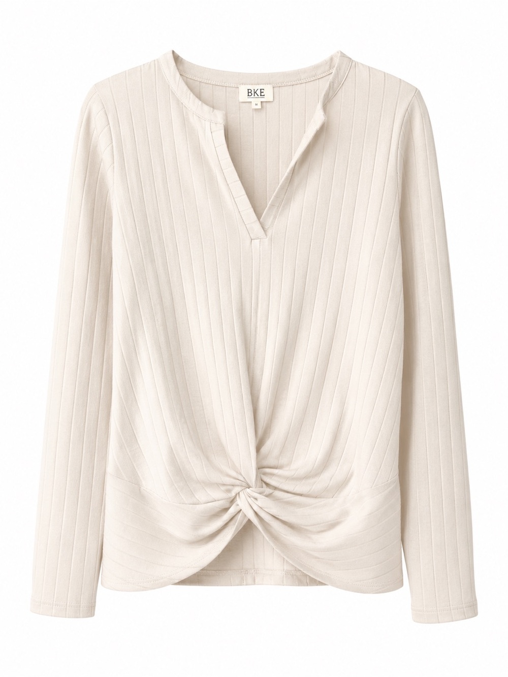 BKE Women's Cream Ribbed Knot-Front Long Sleeve Top